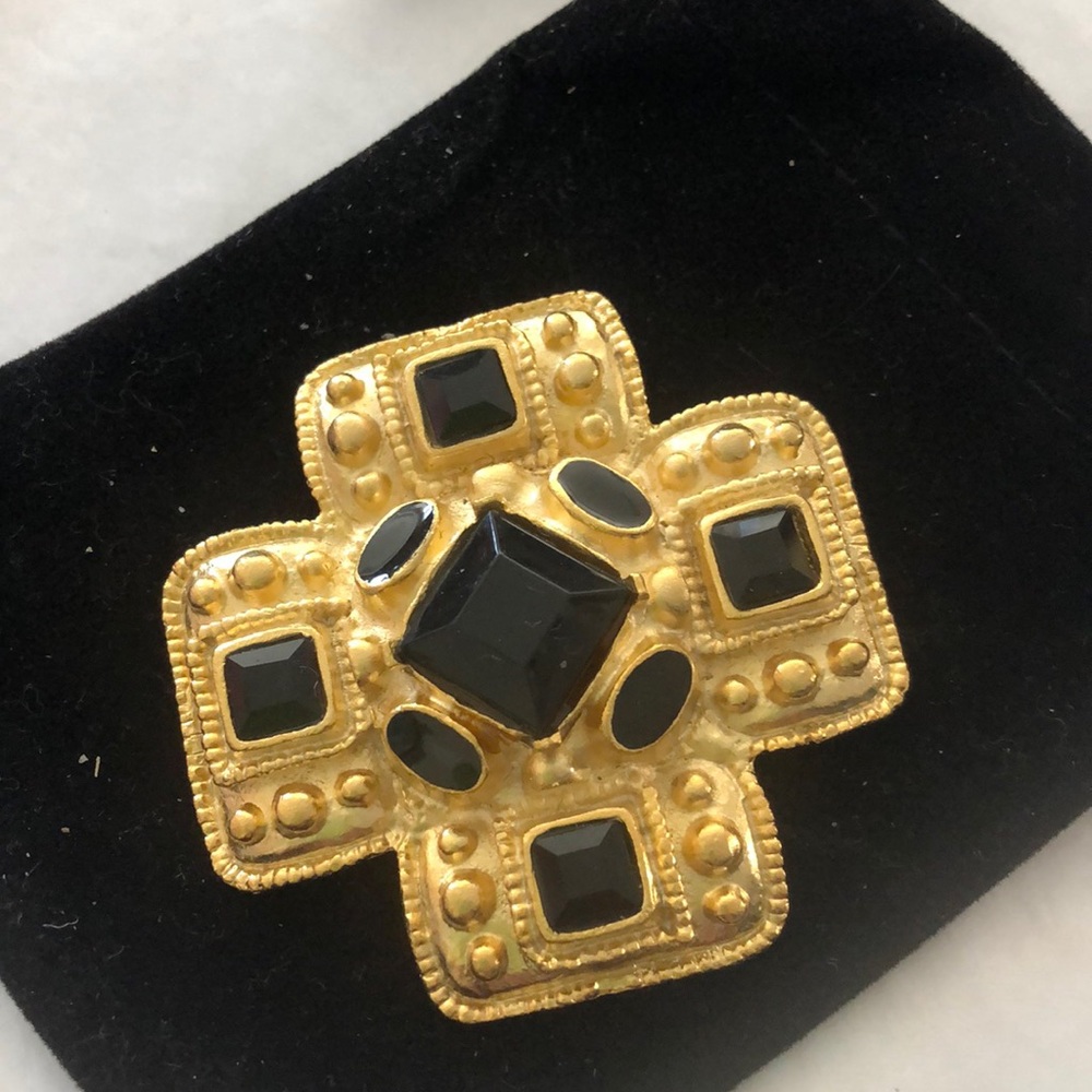 MalteseCross Vintage Brooch Matte Gold & Black Crystals-Boutique